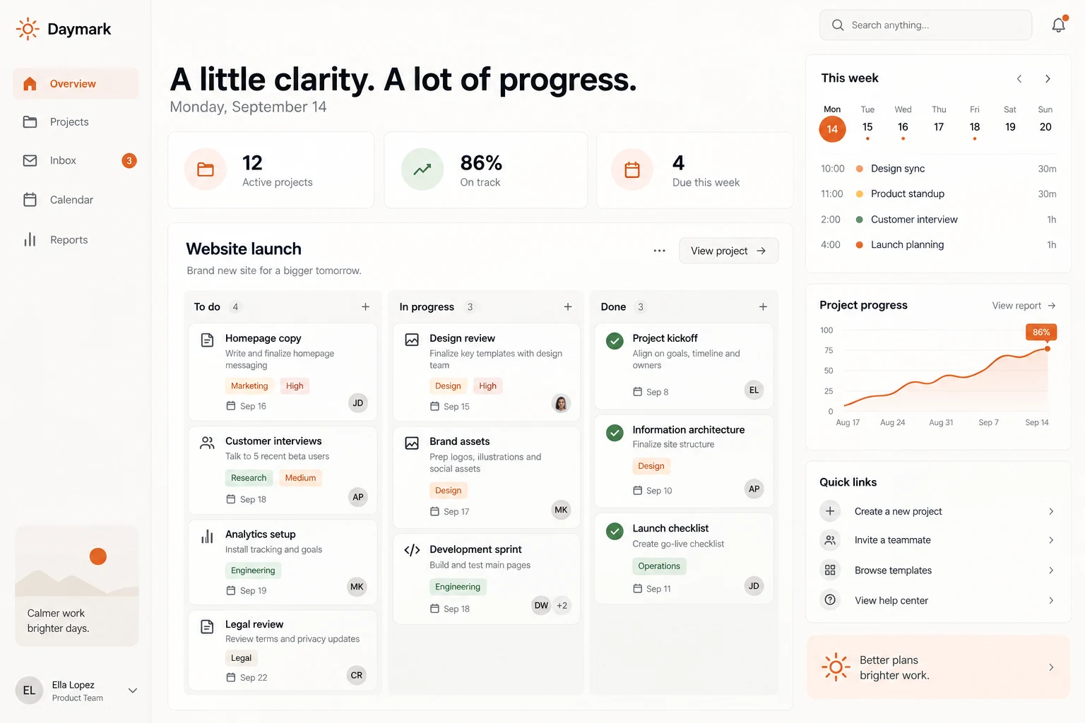 Daymark project overview with a weekly plan, project cards, and team progress