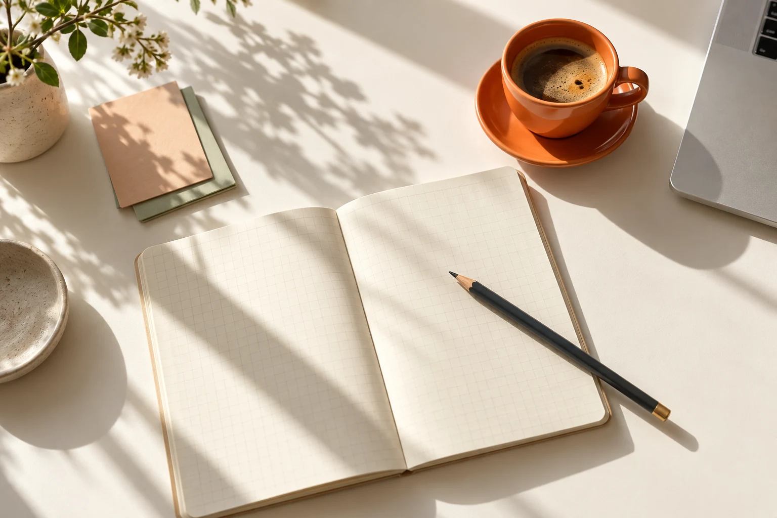 Notebook, planning cards, and coffee in morning sunlight