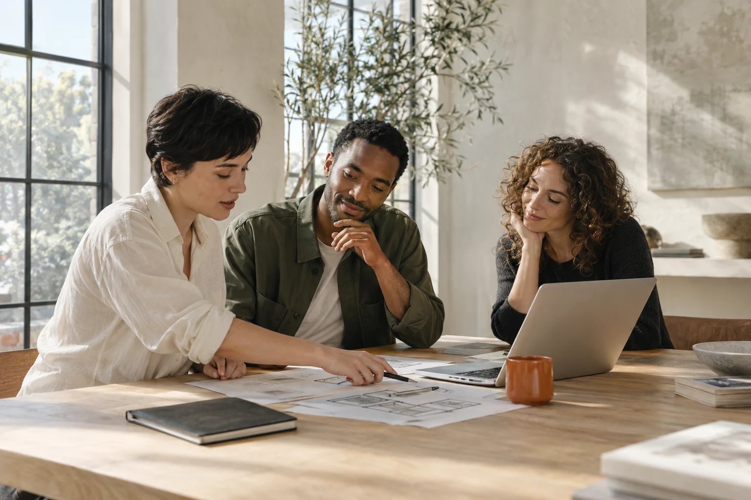 A small product team planning together at a sunlit studio table